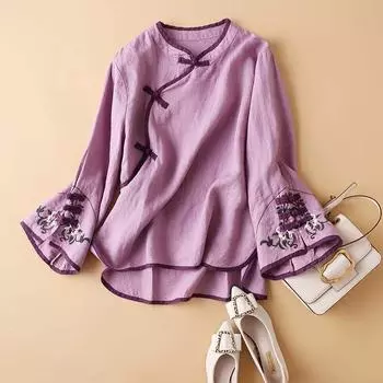 Весенняя женская блузка на пуговицах в китайском стиле с наклонной планкой и пуговицами, свободная рубашка с вышивкой, весна 2024 года S тёмно-синий