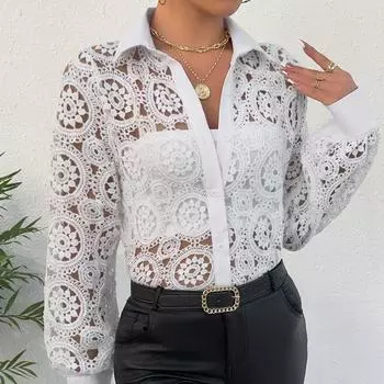 Весенняя женская блузка-рубашка с длинным рукавом и V-образным вырезом S белый