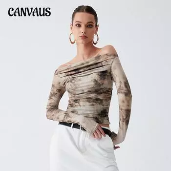 Весенняя женская блузка с 3D-принтом, облегающая футболка без воротника, винтажный сексуальный топ на одно плечо со складками S хаки