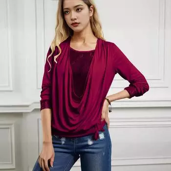 Весенняя женская блузка с длинным рукавом и глубоким вырезом, украшенная бисером и сетчатым узором S чёрный