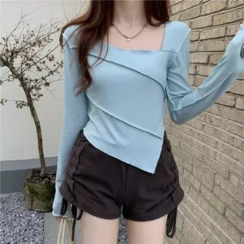 Весенняя женская футболка с длинным рукавом, осенний нерегулярный укороченный топ Y2k, повседневные облегающие пуловеры, корейский топ с косым воротником, уличная женская базовая футболка S белый