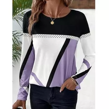 Весенняя женская футболка с геометрическим принтом, осенняя повседневная свободная футболка с круглым вырезом, рубашки с длинным рукавом, женская футболка, простая одежда XXL красный