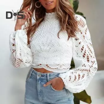 Весенняя женская футболка с открытыми плечами и кружевом, однотонная, с длинным рукавом, свободная, мягкая, с круглым вырезом, в стиле пэчворк, для женщин, для поездок на работу S бежевый