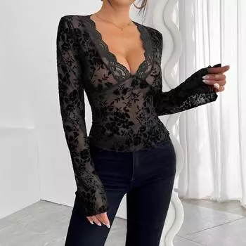 Весенняя женская футболка с V-образным вырезом, кружевом и сетчатым лоскутным узором, расклешенными рукавами S чёрный