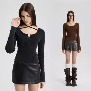 Весенняя женская футболка Spice Girl Style, однотонная, с вышивкой на бретелях, с длинным рукавом и глубоким вырезом S чёрный