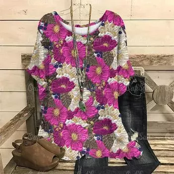 Весенняя женская футболка свободного покроя с элегантным цветочным принтом и круглым вырезом, женская одежда, летняя футболка с коротким рукавом, женский пуловер Harajuku S