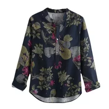 Весенняя женская хлопковая льняная рубашка с длинным рукавом, женский топ с круглым вырезом размера плюс, винтажные рубашки на пуговицах с цветочным принтом S темно-синий