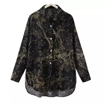 Весенняя женская хлопково-льняная рубашка с длинным рукавом, женский топ с лацканами больших размеров, винтажные рубашки на пуговицах с цветочным принтом S темно-синий