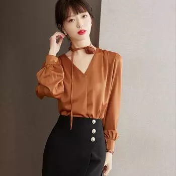 Весенняя женская корейская плиссированная свободная повседневная рубашка с галстуком-бабочкой для женщин, розовая блузка с v-образным вырезом S