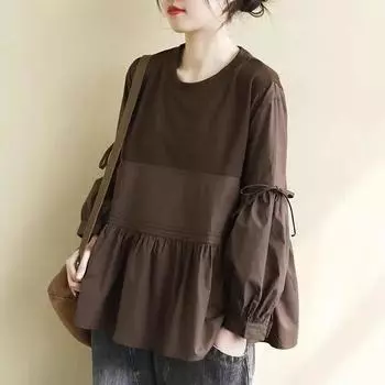 Весенняя женская лоскутная блузка, винтажная женская кукла на шнуровке, свободная однотонная футболка с круглым вырезом и длинными рукавами M чёрный