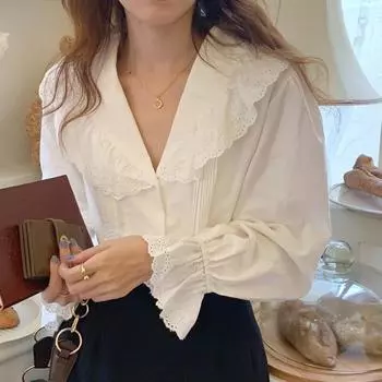 Весенняя женская милая рубашка с v-образным вырезом Blusas с расклешенными рукавами в Корейском стиле, женский винтажный топ, модная элегантная осенняя белая кукольная блузка 24345 One Size белый