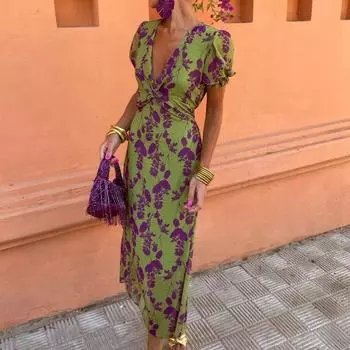 Весенняя женская мода 2025 года, длинное платье с контрастным цветным принтом, элегантное облегающее платье с V-образным вырезом и короткими рукавами S зелёный