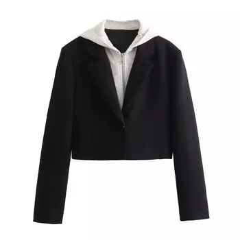 Весенняя женская мода и повседневный универсальный приталенный крой с длинными рукавами и капюшоном короткий костюм пальто больших размеров XXS чёрный