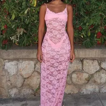 Весенняя женская мода однолинейный халтер кружево сексуальное прозрачное платье S розовый