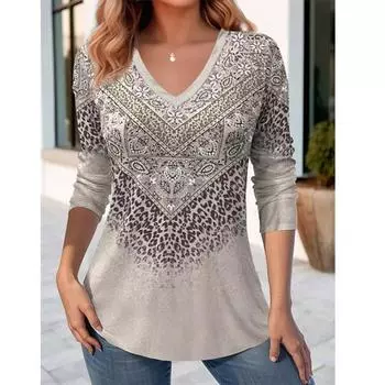Весенняя женская мода ретро 3D принт повседневная футболка с V-образным вырезом и длинными рукавами S