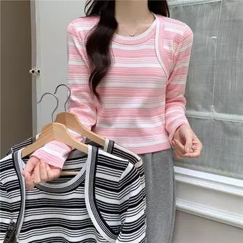 Весенняя женская мода розовая полосатая поддельная двухсекционная кофта с длинным рукавом вязаный пуловер свитера осень женская повседневная тонкая трикотажная одежда шикарный короткий топ one size чёрный