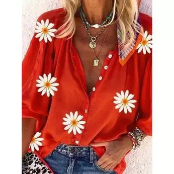 Весенняя женская мода с цветочным принтом, свободная футболка с длинными рукавами и пуговицами, повседневные топы S