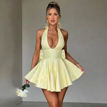 Весенняя женская мода - сексуальное облегающее жаккардовое платье с бантом и бретелькой через шею XS розовый