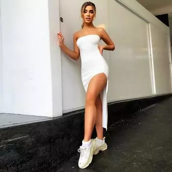 Весенняя женская мода сексуальное платье с разрезом на груди и ягодицами XS белый