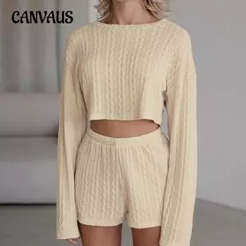 Весенняя женская мода сексуальный трикотажный пупок с длинными рукавами пижама шорты костюм удобная и мягкая домашняя одежда S розовый