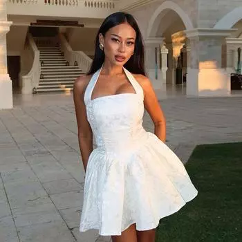 Весенняя женская мода шикарный шикарный сексуальный тонкий вырез жаккардовый A Swing утягивающее платье S белый