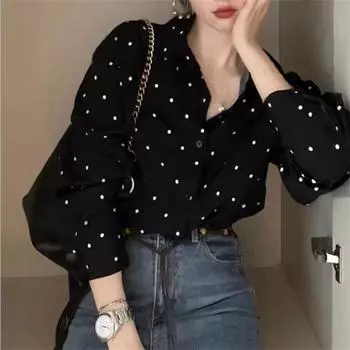 Весенняя женская мода свободная повседневная рубашка с лацканами и длинными рукавами XL чёрный