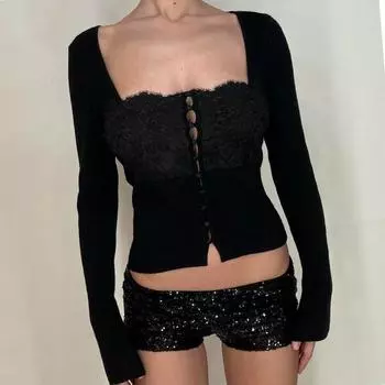 Весенняя женская мода темперамент квадратный вырез кардиган пуговицы короткая футболка с длинным рукавом S чёрный