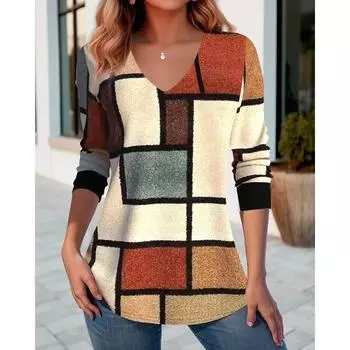 Весенняя женская модная 3D-печатная футболка с V-образным вырезом и длинными рукавами S темно-серого