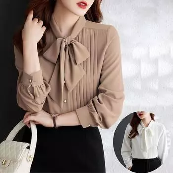 Весенняя женская модная шифоновая рубашка с длинными рукавами на шнуровке XXXL белый