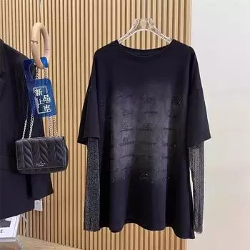 Весенняя женская модная свободная футболка большого размера из двух частей с круглым вырезом и длинными рукавами XXXXL чёрный