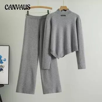 Весенняя женская новая мода вязаный асимметричный свитер с высоким воротом повседневные широкие брюки комплект из двух предметов one size белый