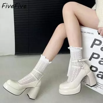 Весенняя женская обувь FiveFive, модные туфли-лодочки Мэри Джейн на массивном каблуке с круглым носком, белые сексуальные туфли на высоком каблуке с ремешком на щиколотке 35 бежевый