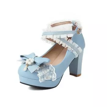 Весенняя женская обувь размера плюс 22-28 см, милые банкетные туфли в стиле Лолиты на высоком массивном каблуке с жемчугом и бантом с крестообразной пряжкой, длина фута 22–28 см. 34 чёрный
