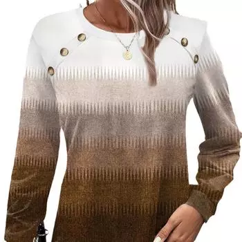 Весенняя женская одежда с длинным рукавом и круглым вырезом в виде елочки, украшенная пуговицами S коричневый