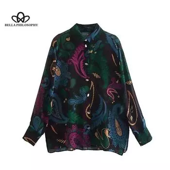 Весенняя женская однобортная свободная рубашка с длинными рукавами с принтом и лацканами, модная повседневная свободная рубашка S разноцветный