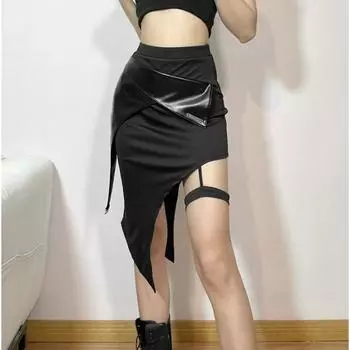 Весенняя женская однотонная облегающая юбка с высокой талией и неровным разрезом S чёрный