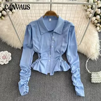 Весенняя женская плиссированная рубашка без талии с длинным рукавом, короткий топ темперамента one size белый