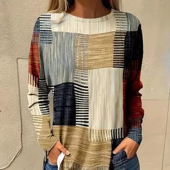 Весенняя женская повседневная футболка с длинными рукавами и сетчатым узором, цифровая печать, футболка-пуловер с длинными рукавами и круглым вырезом S светло-желтого