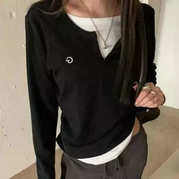 Весенняя женская повседневная тонкая поддельная рубашка из двух частей XL чёрный
