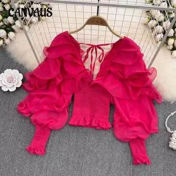 Весенняя женская ретро сексуальная рубашка с глубоким V-образным вырезом и оборками на талии с рукавами-фонариками, короткий топ One Size белый