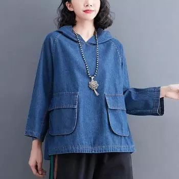 Весенняя женская рубашка, джинсовая рубашка, топ, повседневная рубашка с длинным рукавом, свободный синий лоскутный дизайн с капюшоном, винтажный топ XXL синий