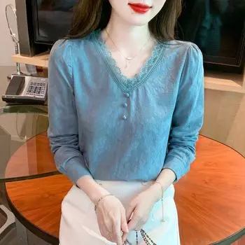 Весенняя женская рубашка из чистого хлопка Женская рубашка из чистого хлопка с V-образным вырезом Жаккардовый пуловер Топ S белый