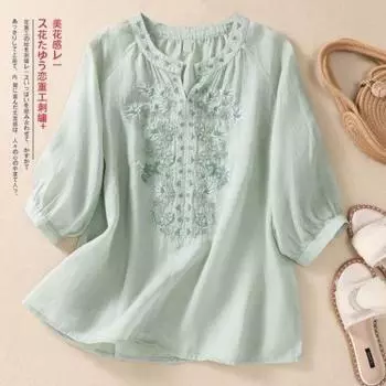 Весенняя женская рубашка, однотонная, элегантная женская блузка, цветочная вышивка, V-образный вырез, женская рубашка свободного кроя в стиле ретро XXXL белый