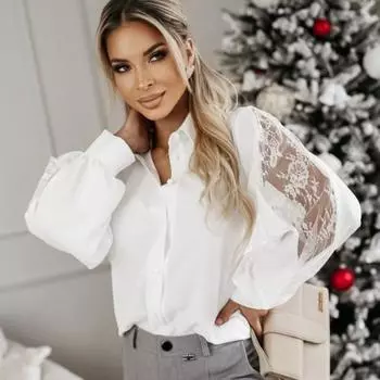 Весенняя женская рубашка с длинным рукавом и лацканами из кружева S белый
