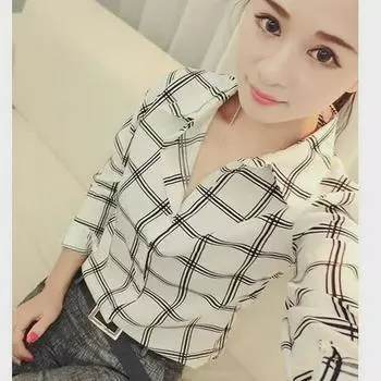 Весенняя женская рубашка с клетчатым принтом и длинными рукавами, облегающая, для студентов, с лацканами, 2024 г. S