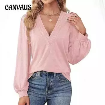 Весенняя женская рубашка с V-образным вырезом, повседневная блузка с длинным рукавом S чёрный