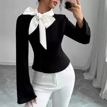 Весенняя женская рубашка со шнуровкой и длинным рукавом с галстуком-бабочкой S чёрный