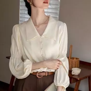 Весенняя женская рубашка в стиле ретро с рукавами-фонариками S абрикосовый