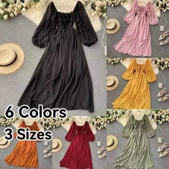 Весенняя женская шифоновая юбка с квадратным вырезом и пышными рукавами во французском ретро-стиле L чёрный