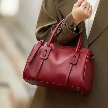 Весенняя женская сумка из натуральной кожи, модная и ретро-сумка высокого класса из натуральной кожи с подушкой для переноски в стиле «Бостон» 28*13*19cm чёрный